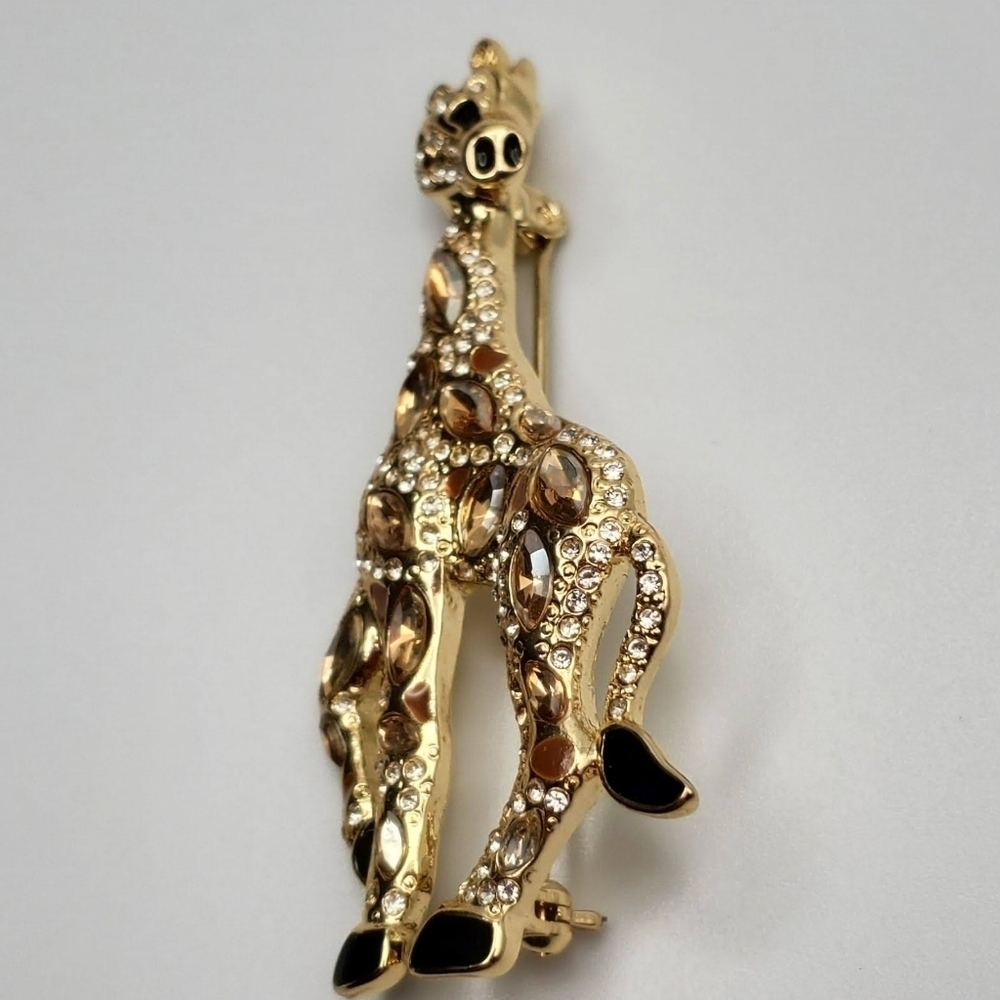 Vintage Large Gold-tone Pave Rhinestone Giraffe Brooch Black Enamel Accents - Picture 2 of 7